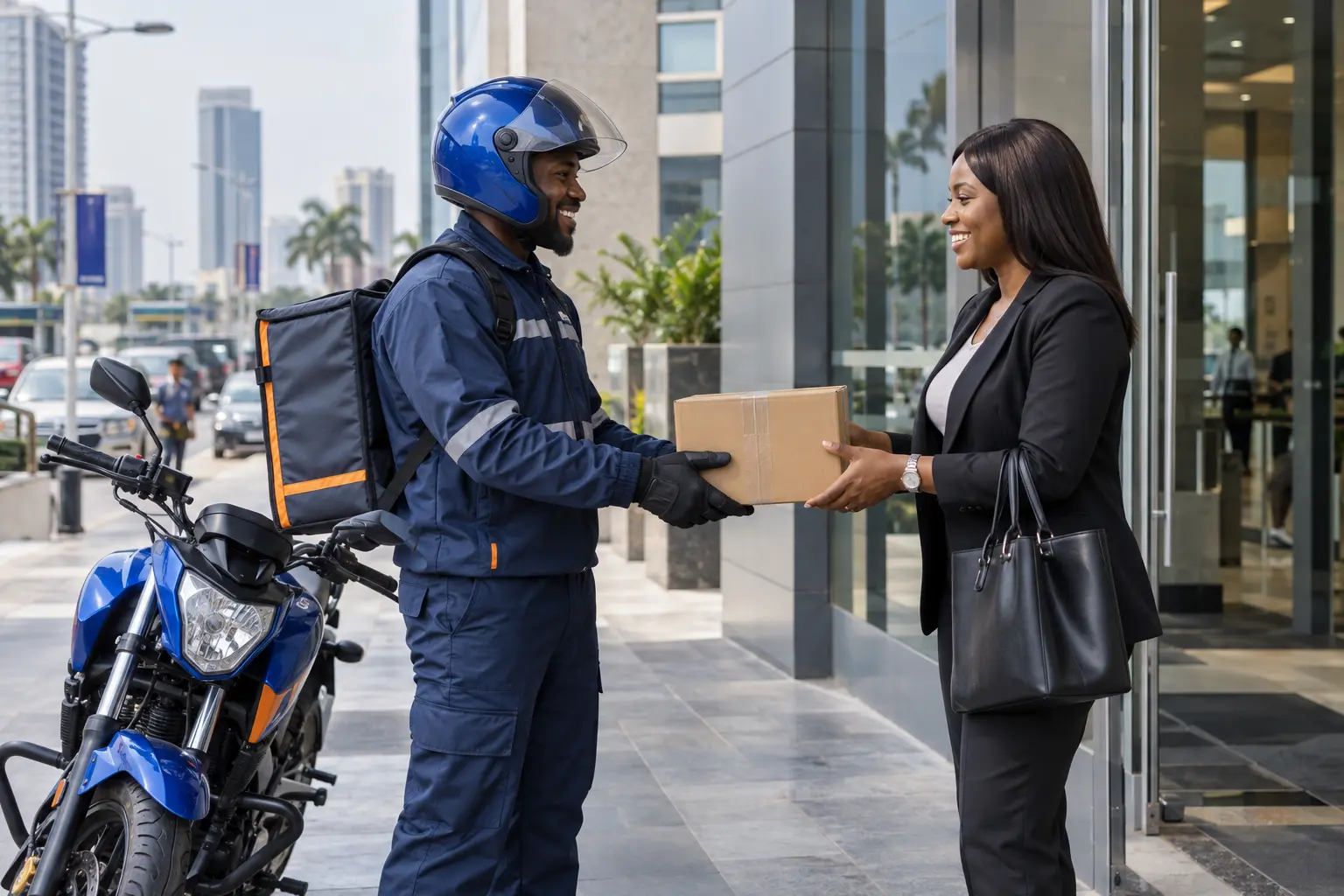 Nigerian courier completing a same-day delivery in Lagos