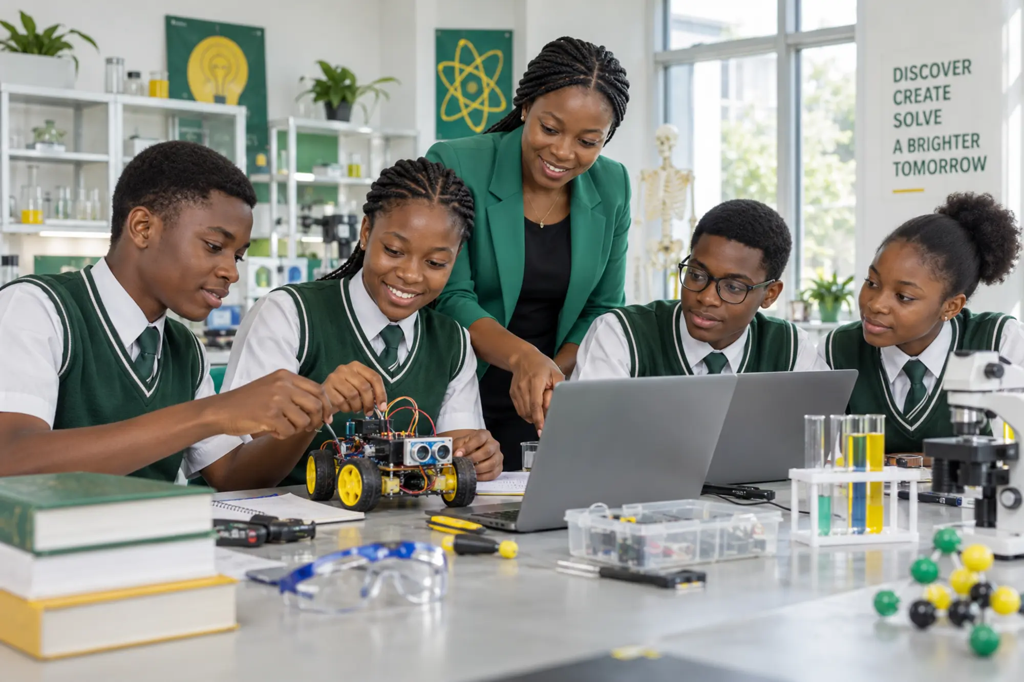 Nigerian students learning robotics at Crestfield