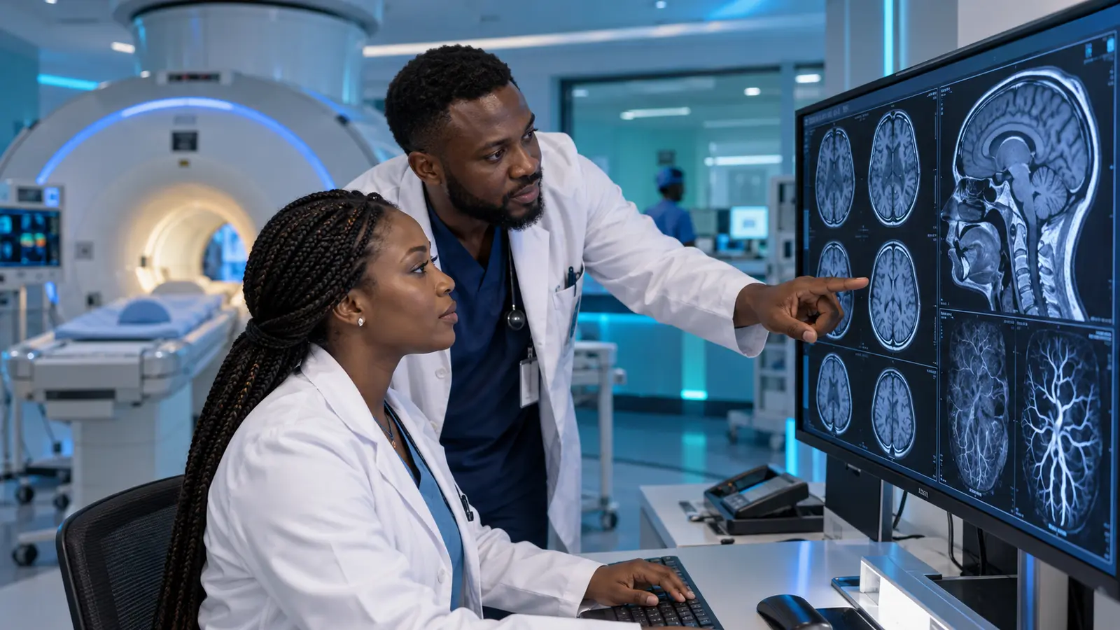 Nigerian doctors reviewing a diagnostic scan