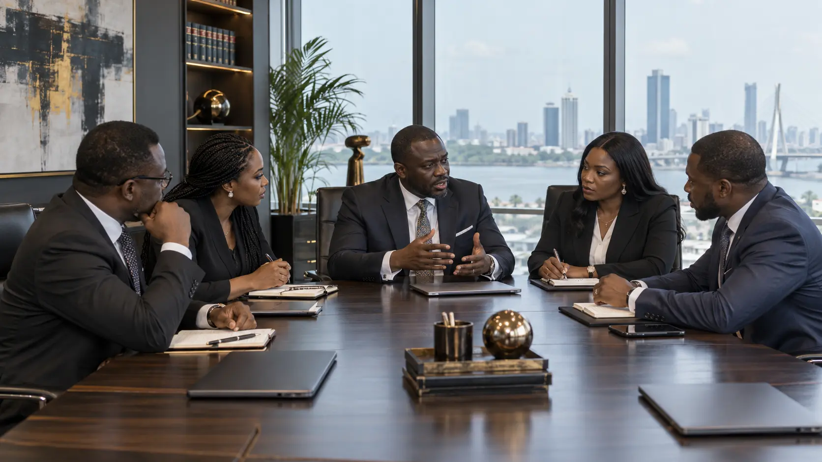 Nigerian lawyers discussing corporate legal strategy