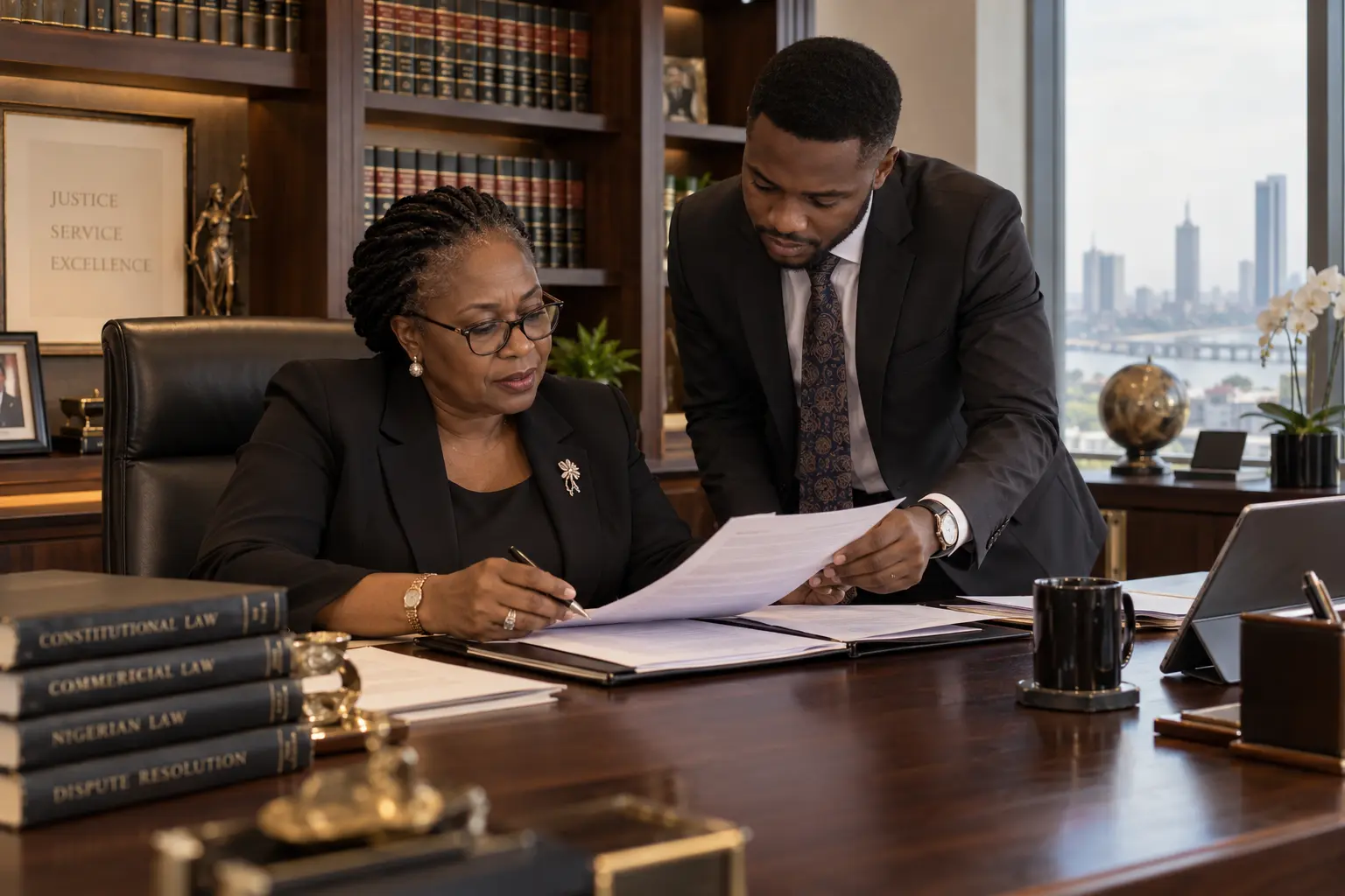 Senior Nigerian lawyer reviewing a matter with a colleague