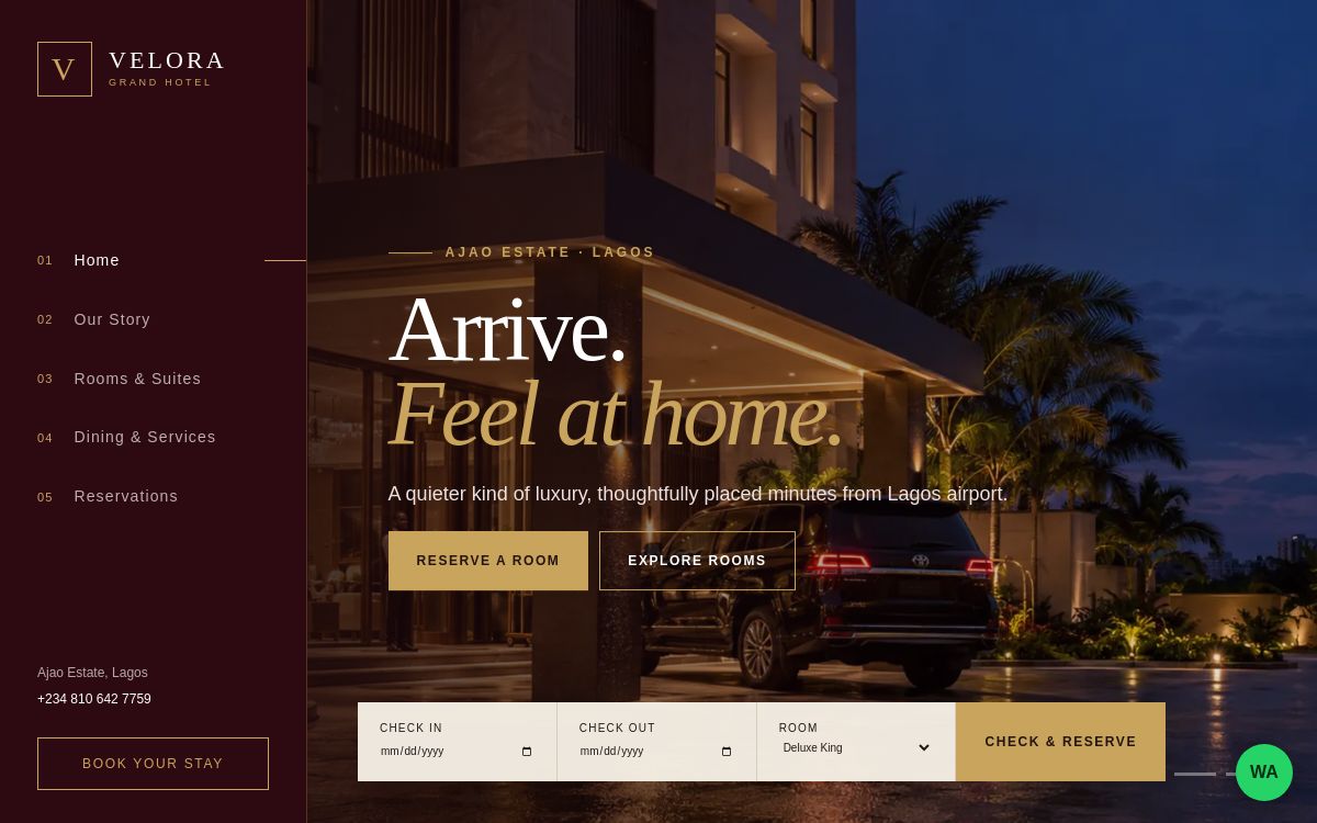 Velora Grand Hotel website homepage